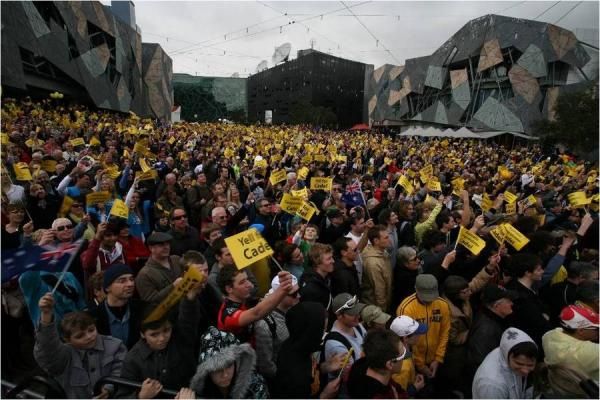 The huge crowd in Federation Square salute the achievements of Cadel Evans