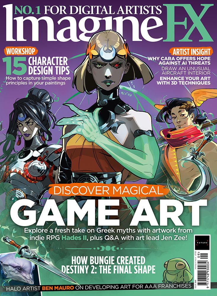 Cover of imagineFX, showing three characters from the indie game Hades II