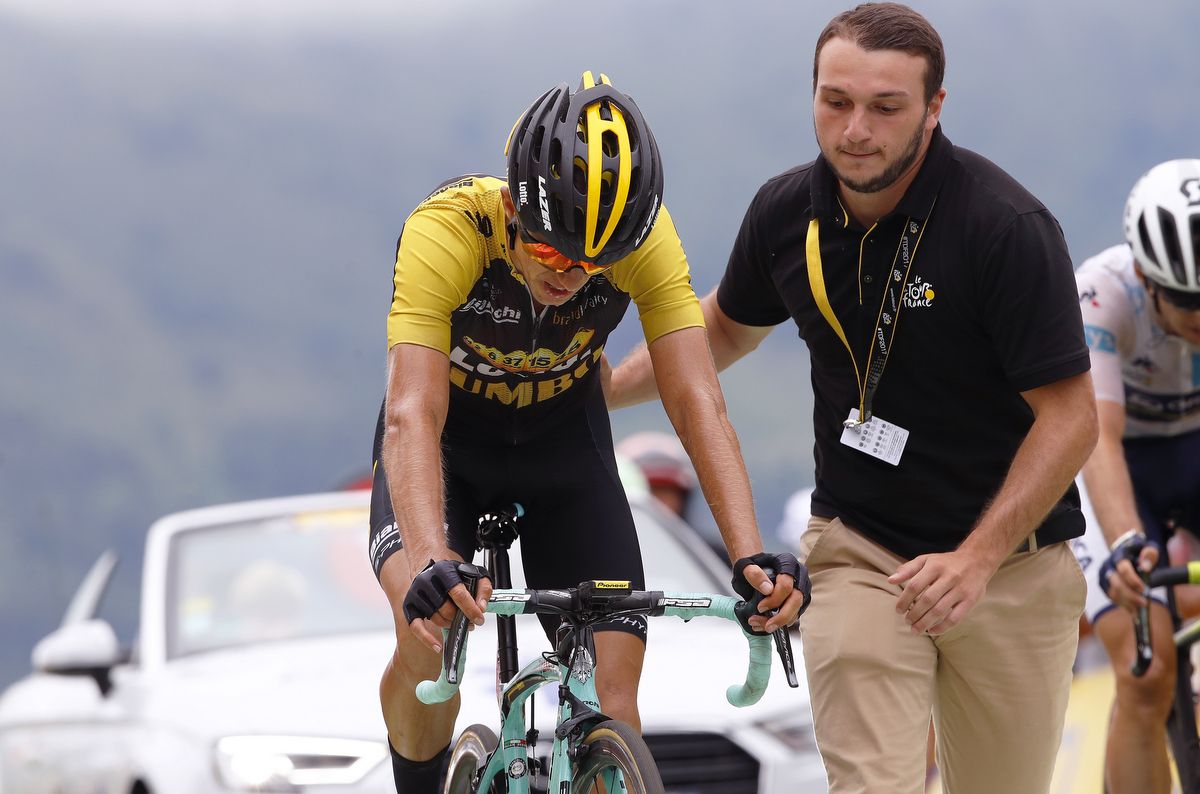 George Bennett (LottoNL-Jumbo) gets a helping hand after the finish