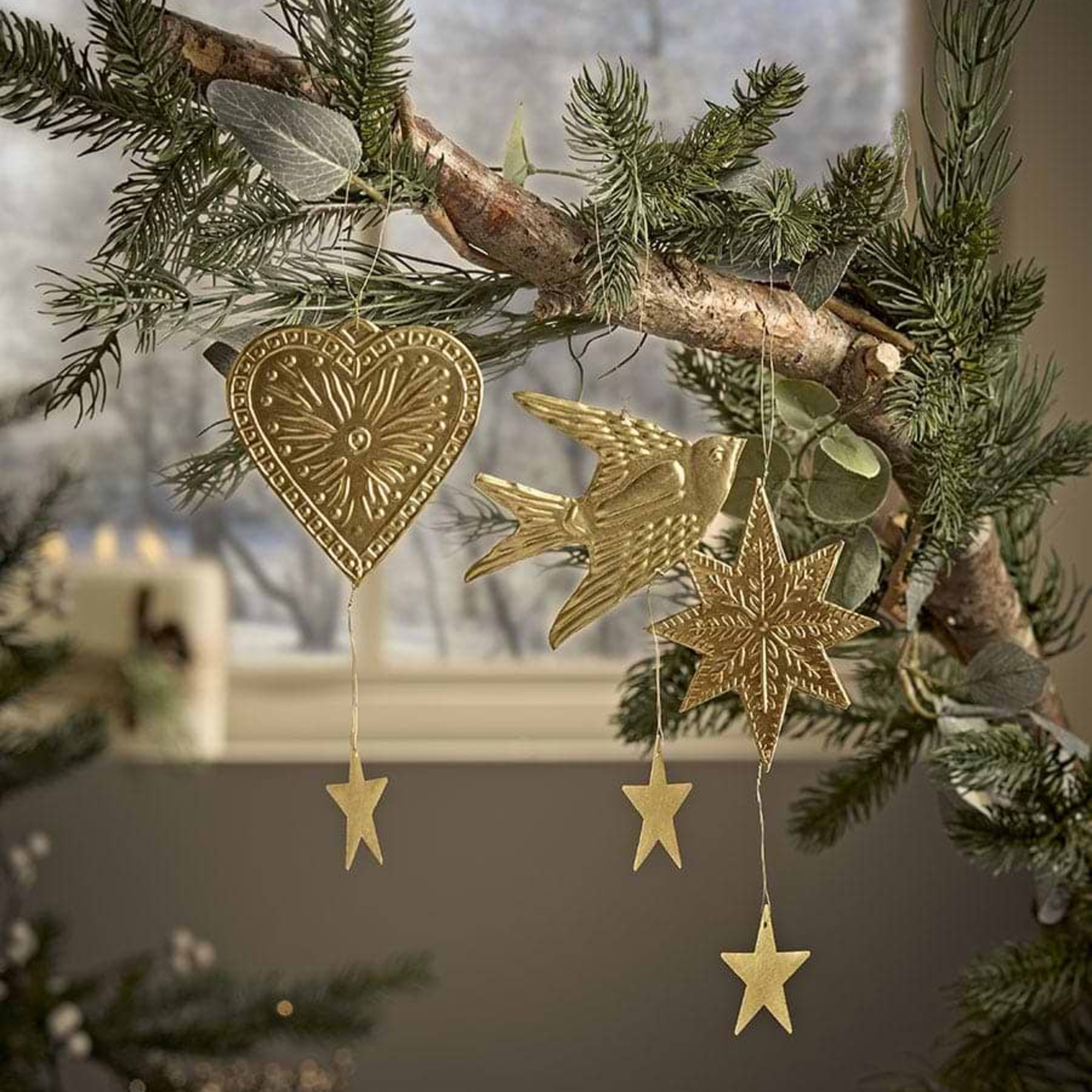 Cox &amp;amp; Cox Set of Three Festive Brass Hanging Decorations