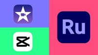 The logos of three of the best video editing apps on a purple background