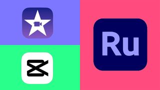 The logos of three of the best video editing apps on a purple background