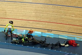 Matt Bostock being treated after crash at the Commonwealth Games