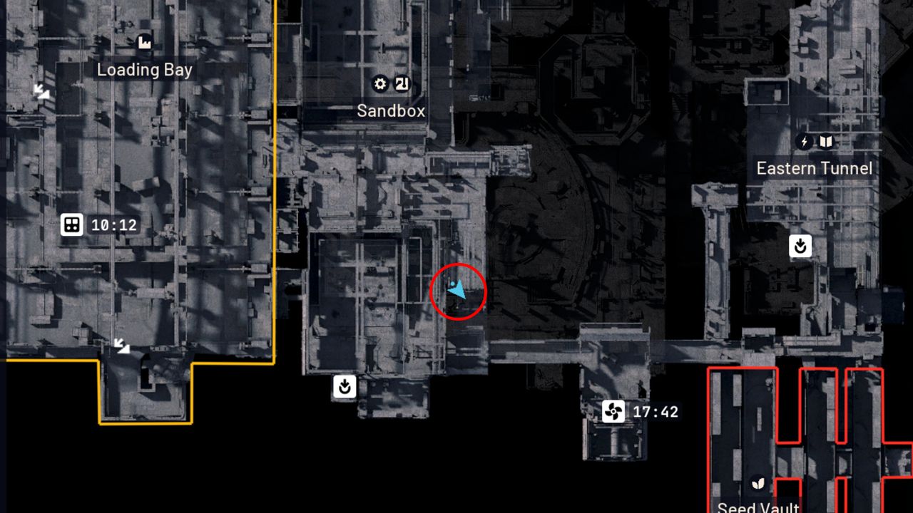 Arc Raiders Furtive Meetings: A map with a red circle showing the location of a secret meeting spot in the ventilation shaft by Sandbox.