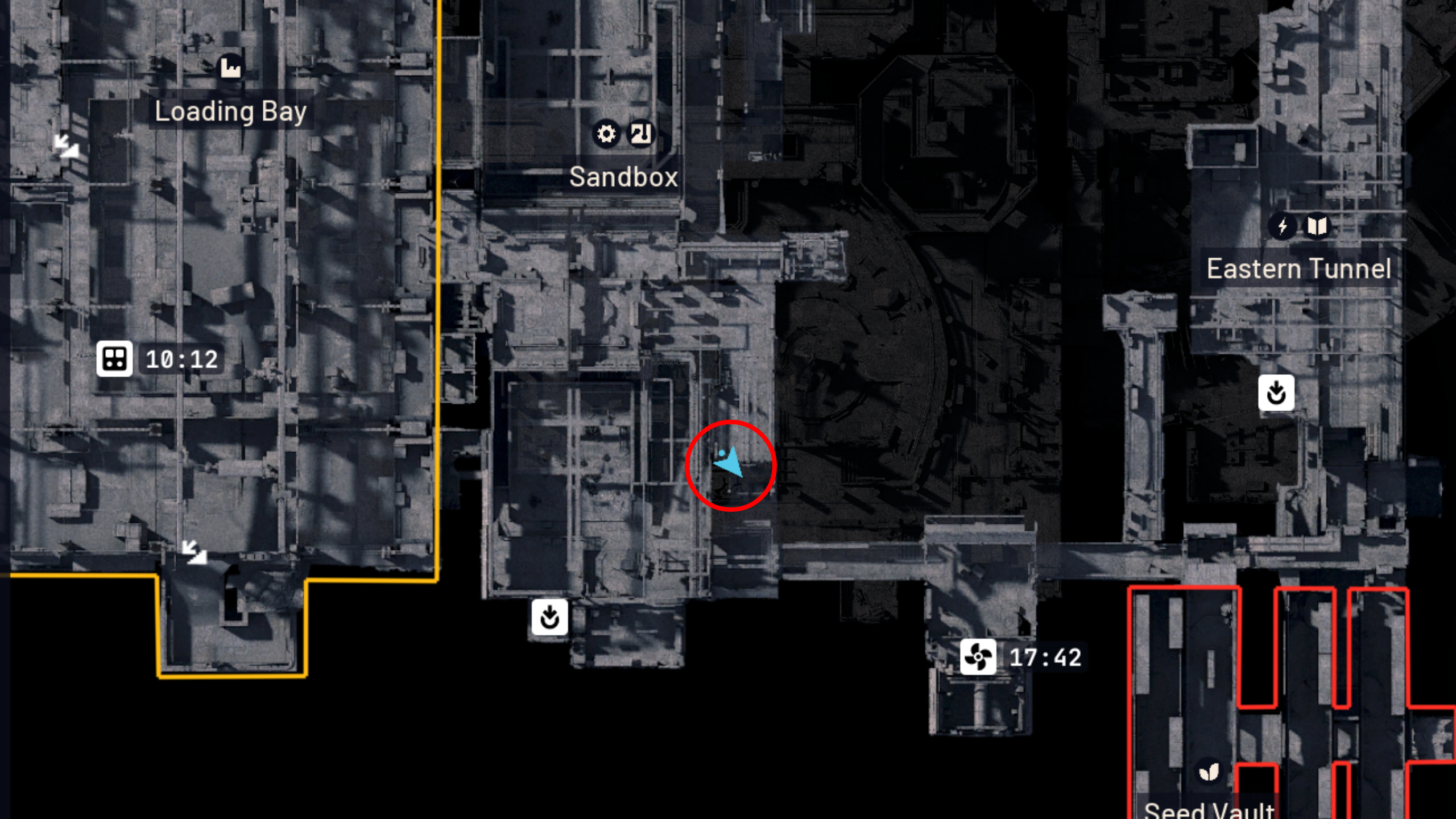 Arc Raiders Furtive Meetings: A map with a red circle showing the location of a secret meeting spot in the ventilation shaft by Sandbox.