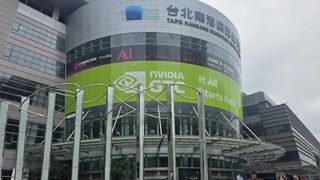 The Nanggang Exhibition Center with an Nvidia banner strewn across it.