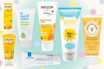 Collage of baby skincare products that work for mums too