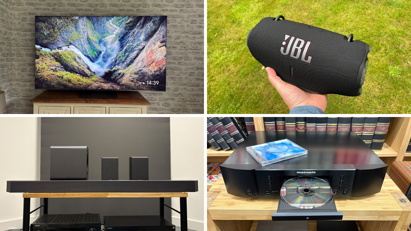 Pictures of the TCL C7K TV, JBL Xtreme 4 Bluetooth speaker, Samsung HW-Q990F soundbar system and Marantz CD6007 CD player