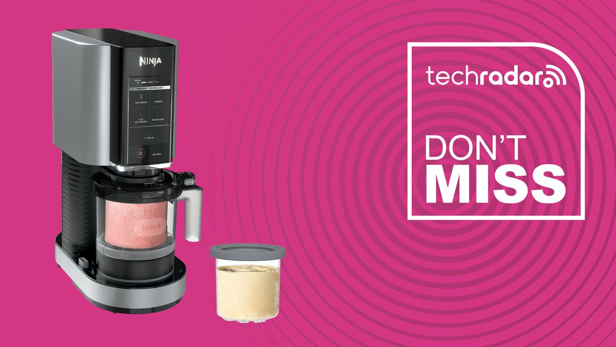 The Ninja Creami ice cream maker pictured against a pink background with a 16oz tub of ice cream to the right. Don&#039;t miss is written in white on the right hand side of the image.