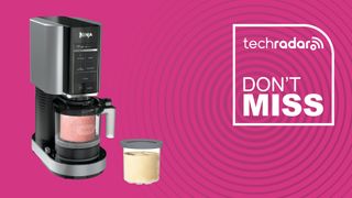 The Ninja Creami ice cream maker pictured against a pink background with a 16oz tub of ice cream to the right. Don&#039;t miss is written in white on the right hand side of the image.