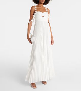 SELF-PORTRAIT, Bridal floral-appliqué pleated chiffon maxi dress