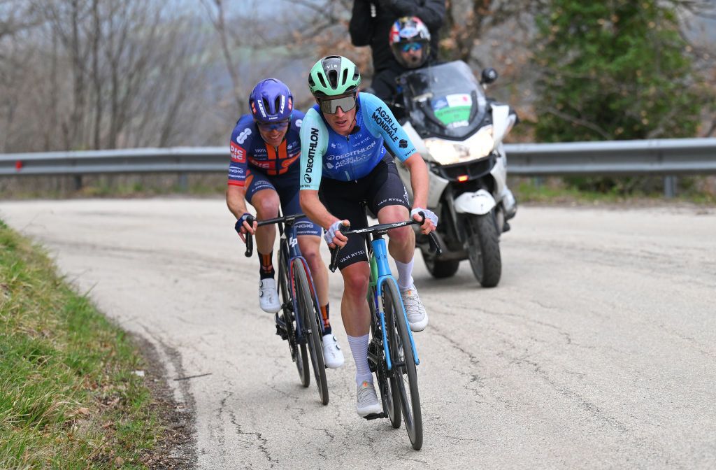 PERGOLA ITALY MARCH 14 LR Christopher Hamilton of Australia and Team Picnic PostNl and Nicolas Prodhomme of France and Decathlon Ag2R La Mondiale Team compete in the chase group during the 60th TirrenoAdriatico 2025 Stage 5 a 205km stage from Ascoli Piceno to Pergola UCIWT on March 14 2025 in Pergola Italy Photo by Tim de WaeleGetty Images