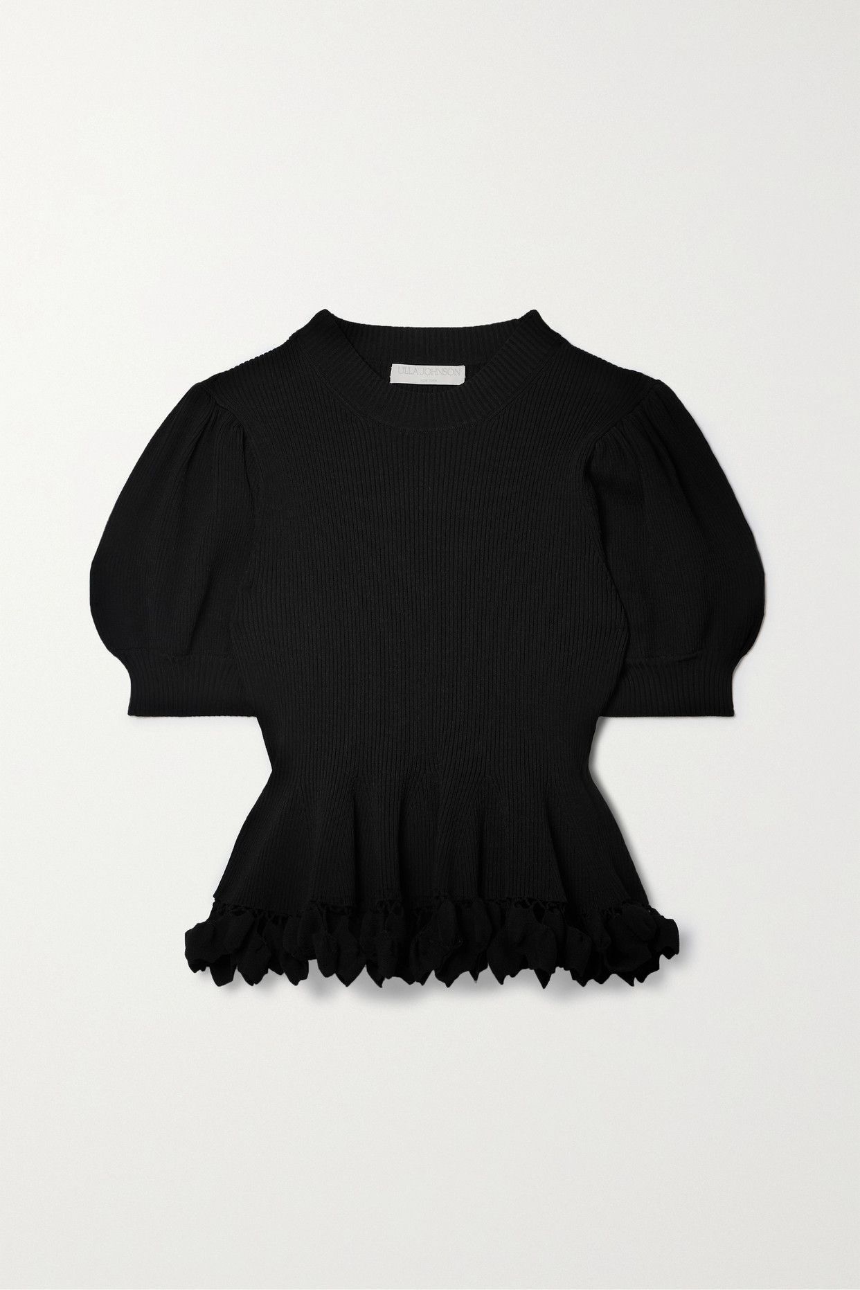 Esma crochet-trimmed ruffled ribbed-knit peplum top