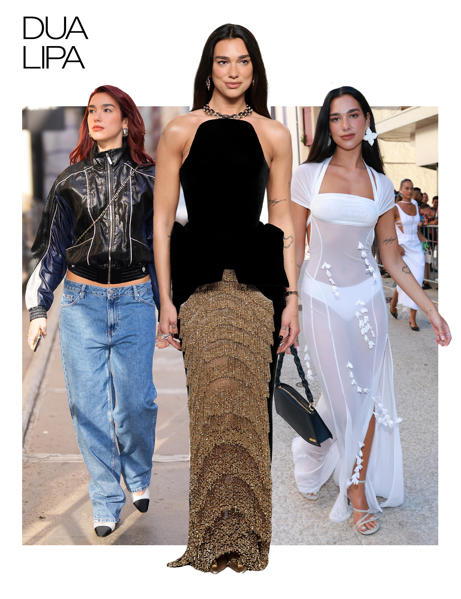 A collage of Dua Lipa photos that show her style
