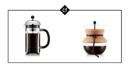 A Bodum French Press vs a Bodum Pour Over coffee on a Homes and Gardens border background