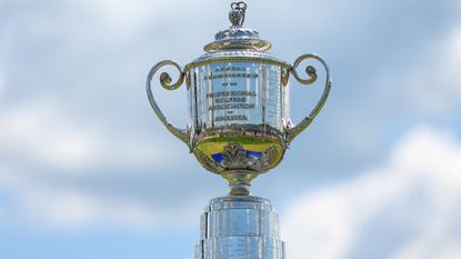 The Wanamaker Trophy seen against a blue and cloudy sky