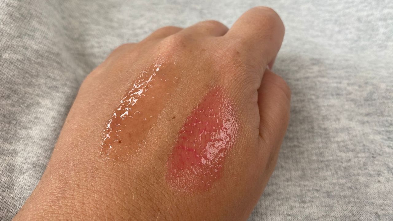 swatches of dior and clarins lip oils