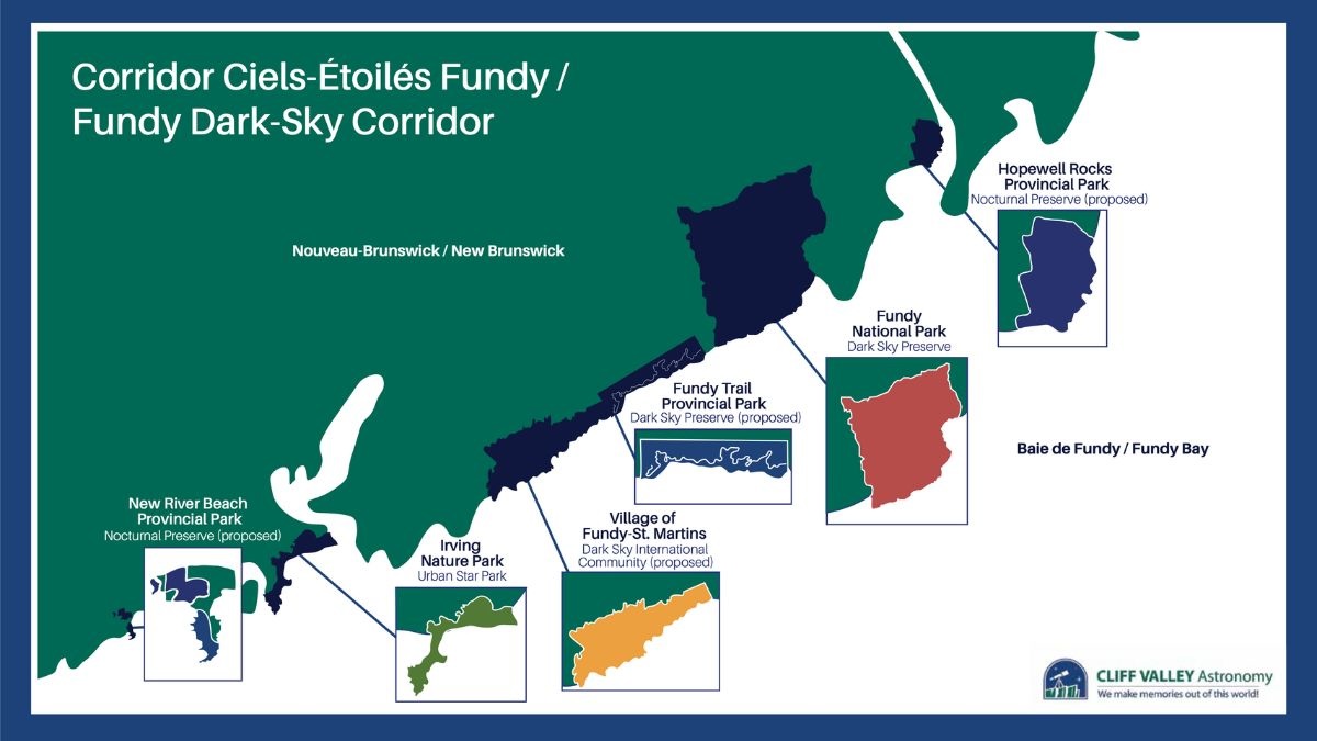 A New Brunswick map showing places for Dark Scy Stargezing