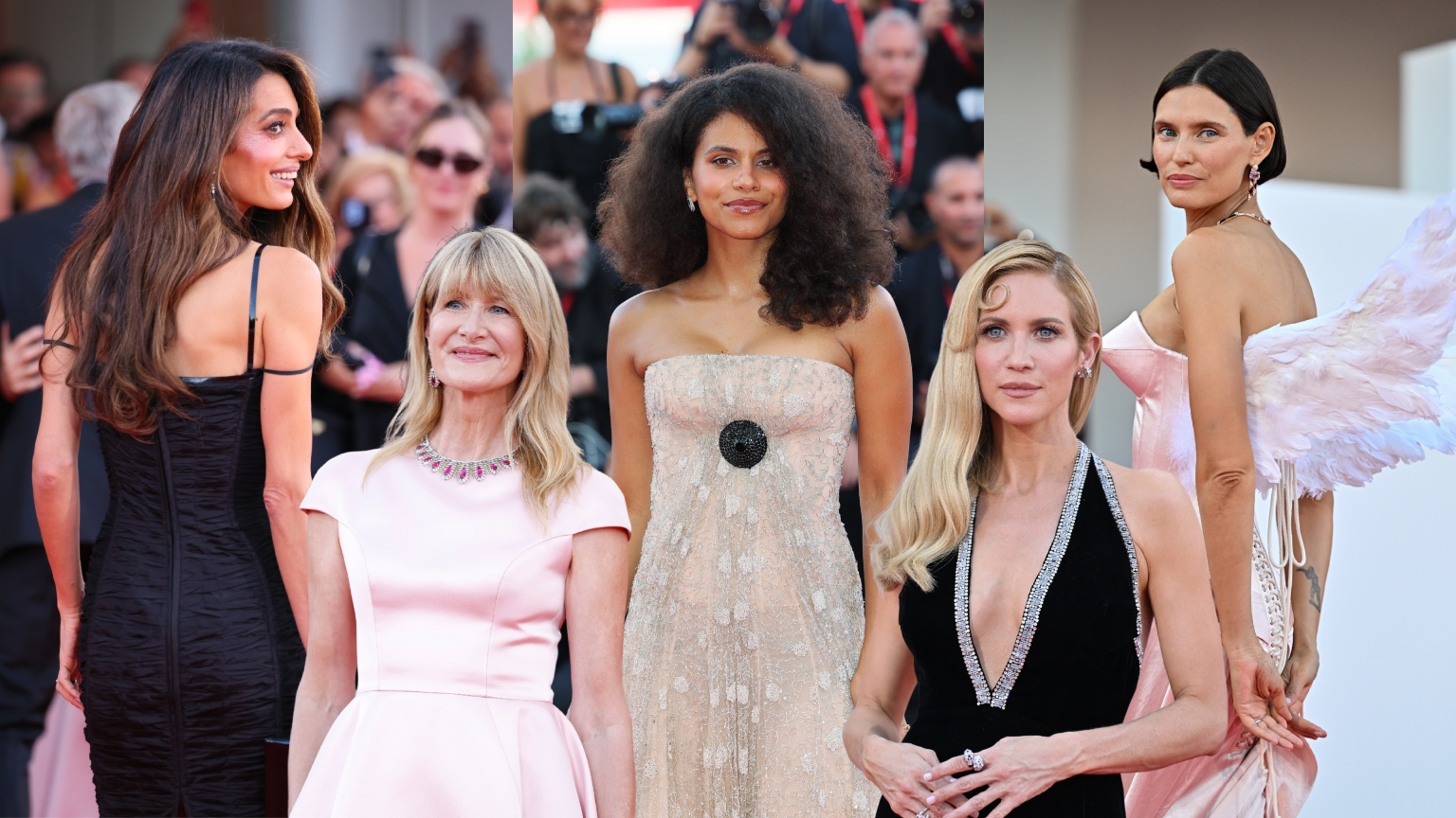 a collage of five women with glamorous hair and makeup