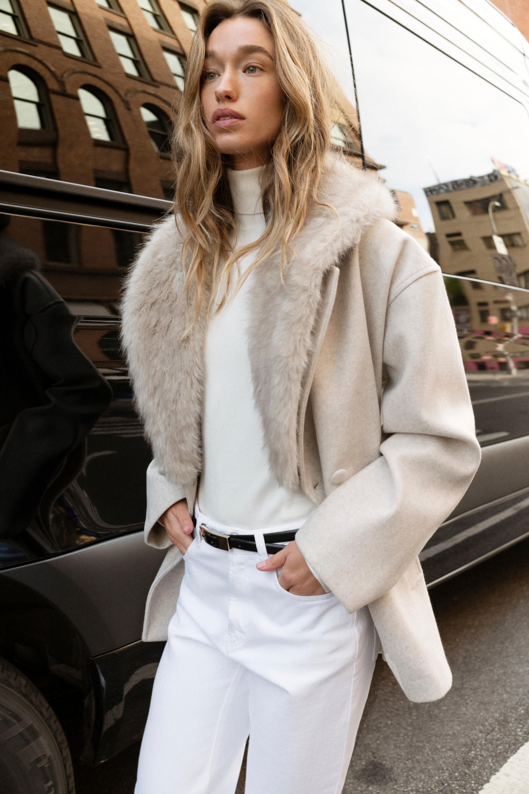 ZARA Soft Coat With Faux Fur Collar