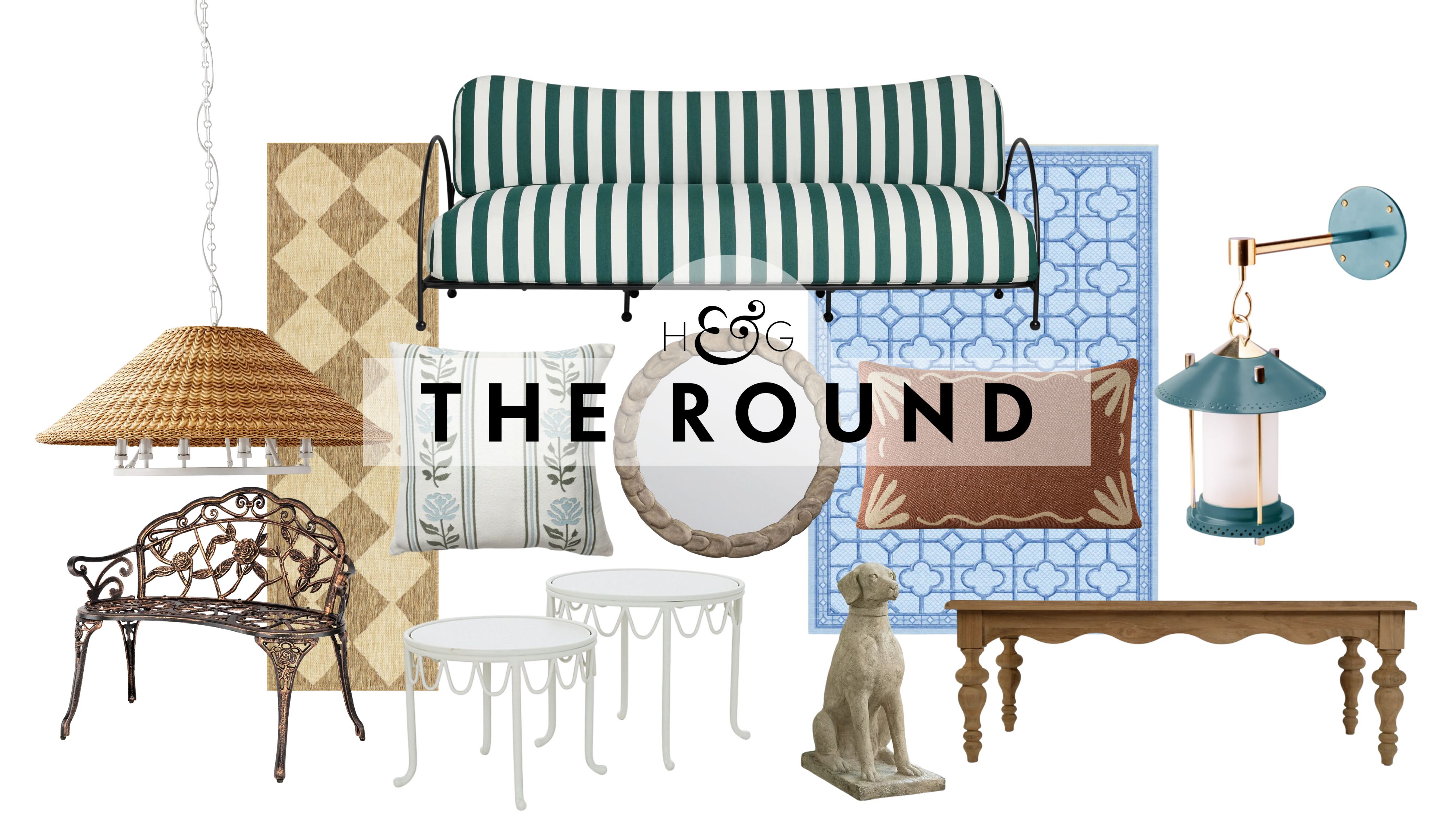 Chic summer porch decor, including whimsical wrought iron seating, patterned outdoor rugs, a garden bench, and throw pillows, pictured against a white background