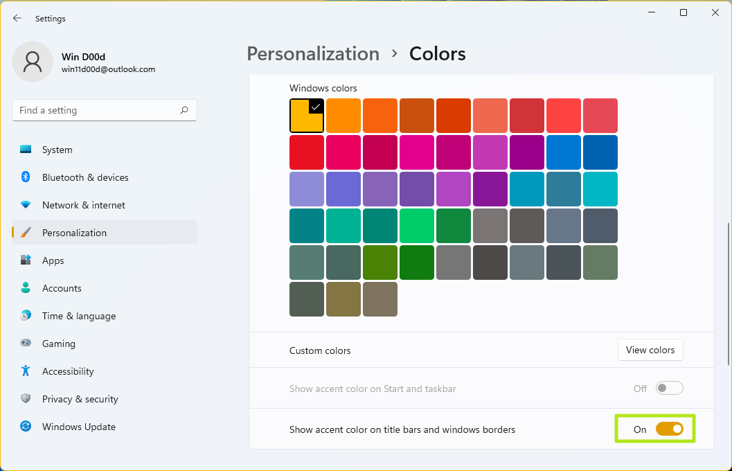 Select a color in Windows 11