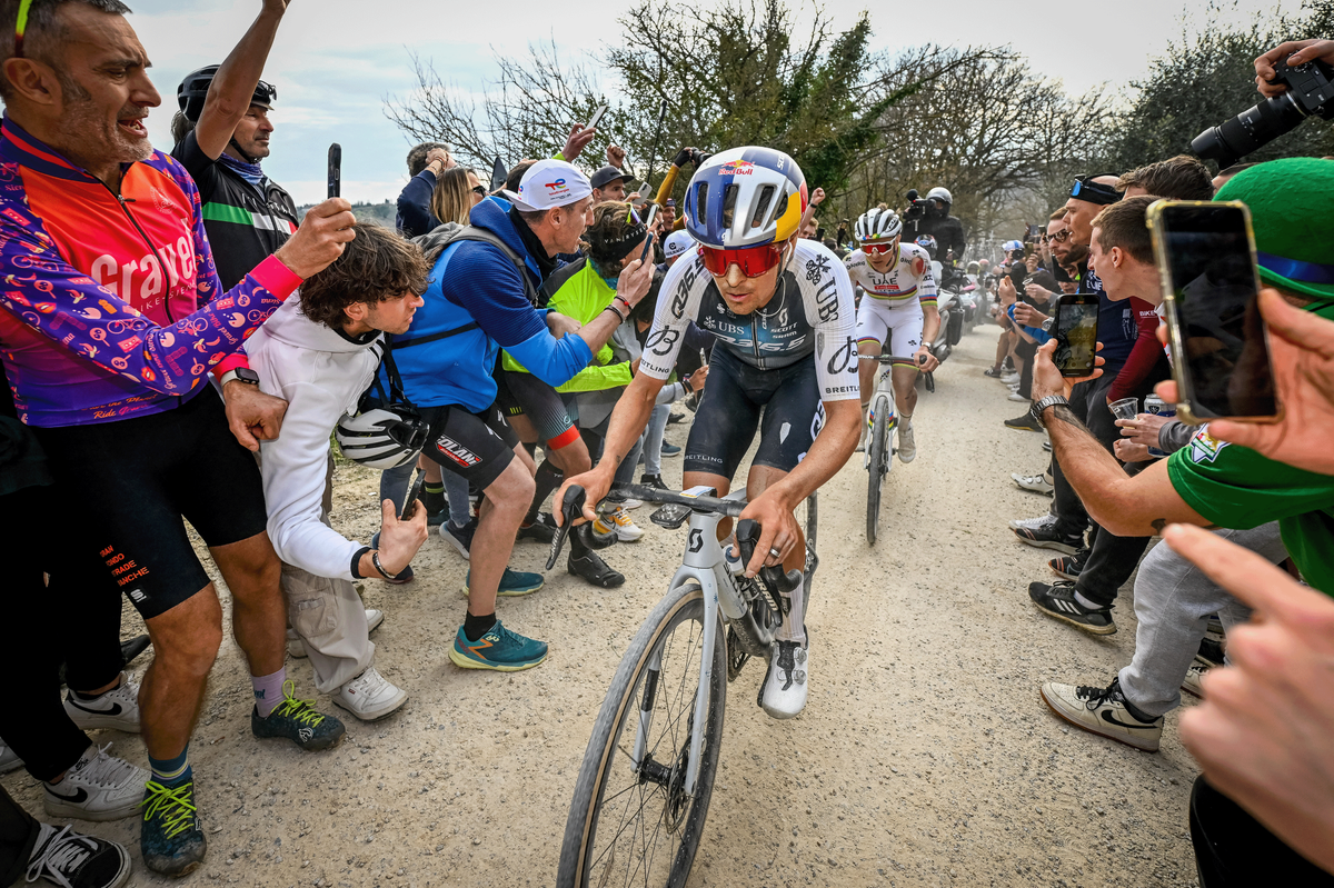 British Thomas Pidcock of Q36.5 Pro Cycling Team and Slovenian Tadej Pogacar of UAE Team Emirates pictured in action during the men elite &#039;Strade Bianche&#039; one day cycling race, 213km from and to Siena, Italy on Saturday 08 March 2025. BELGA PHOTO DIRK WAEM (Photo by DIRK WAEM / BELGA MAG / Belga via AFP) (Photo by DIRK WAEM/BELGA MAG/AFP via Getty Images)