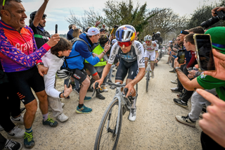 British Thomas Pidcock of Q36.5 Pro Cycling Team and Slovenian Tadej Pogacar of UAE Team Emirates pictured in action during the men elite 'Strade Bianche' one day cycling race, 213km from and to Siena, Italy on Saturday 08 March 2025. BELGA PHOTO DIRK WAEM (Photo by DIRK WAEM / BELGA MAG / Belga via AFP) (Photo by DIRK WAEM/BELGA MAG/AFP via Getty Images)