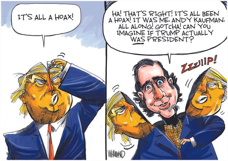 Political Cartoon U.S. Trump hoax Andy Kaufman