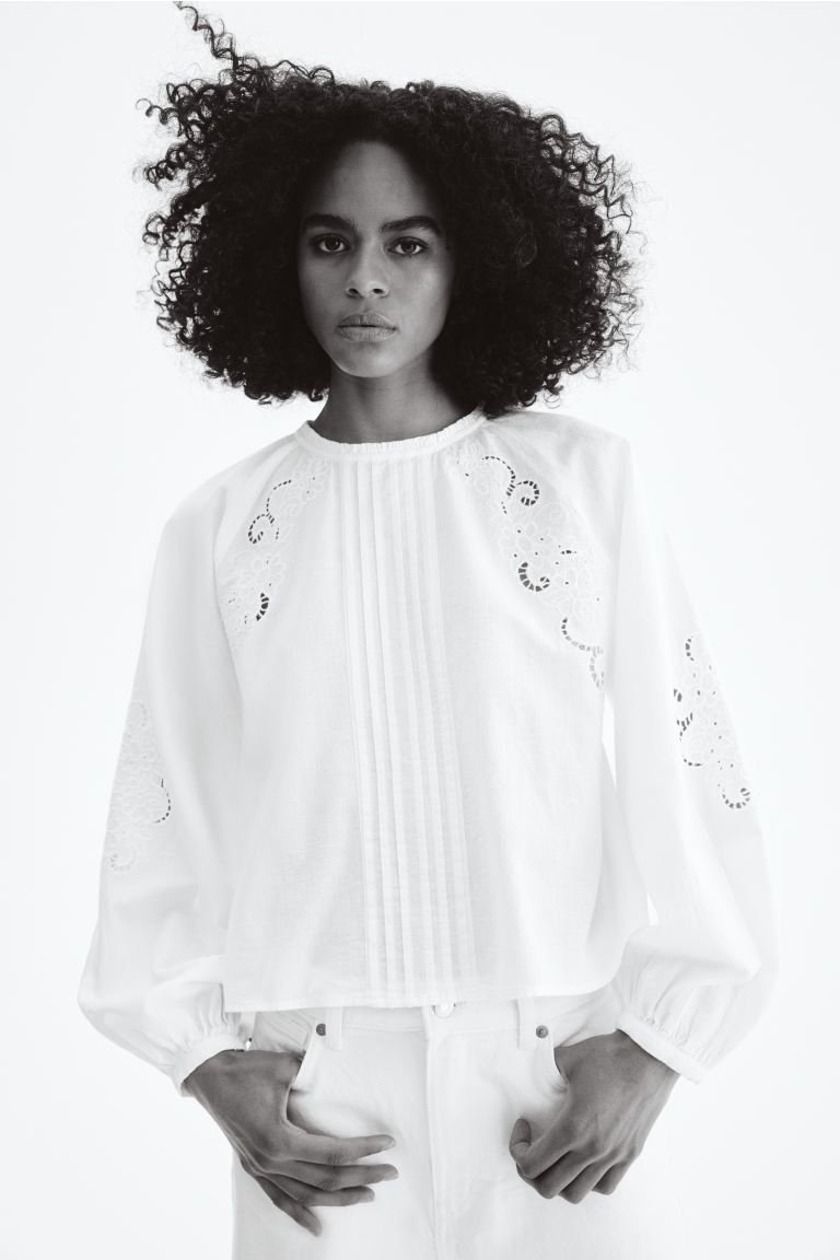 Linen-Blend Broderie Anglaise Blouse