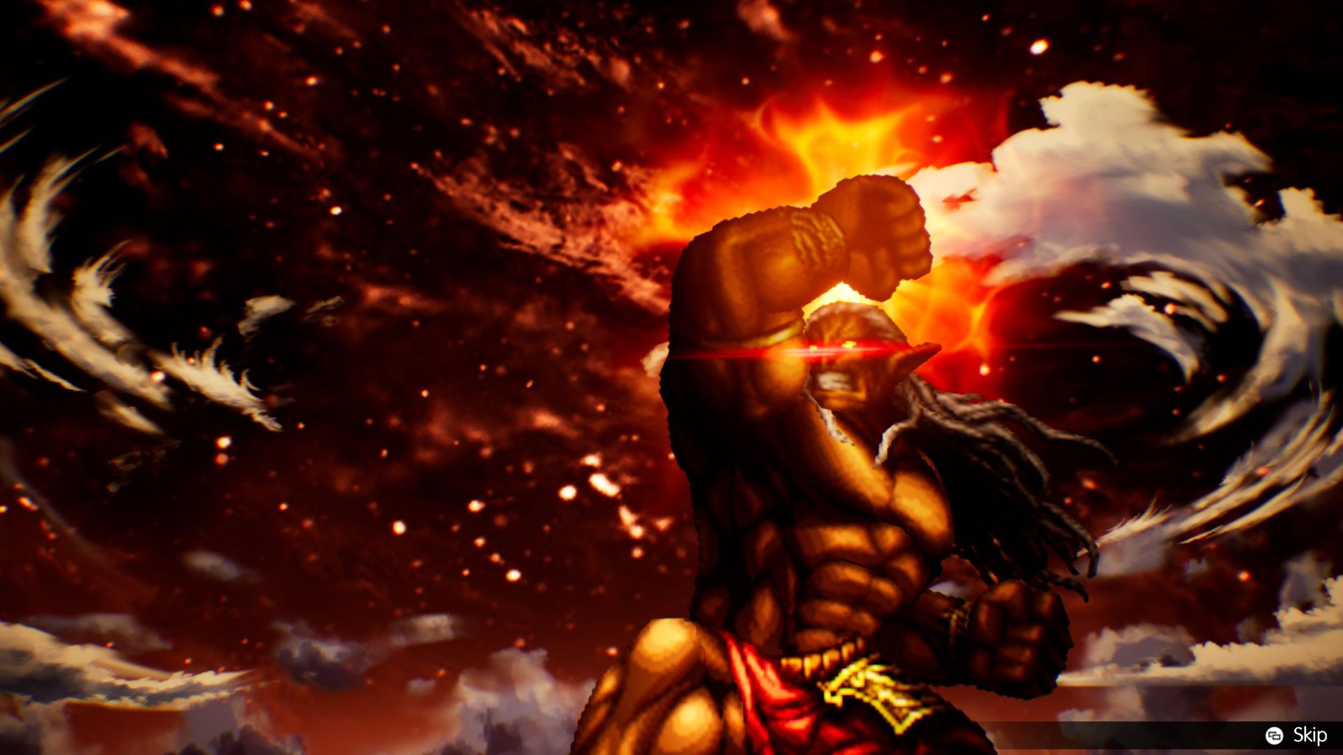 A muscular video-game fighter raises a clenched fist amid swirling flames and smoke, as a red-orange energy flare creates a fierce, dramatic mood.