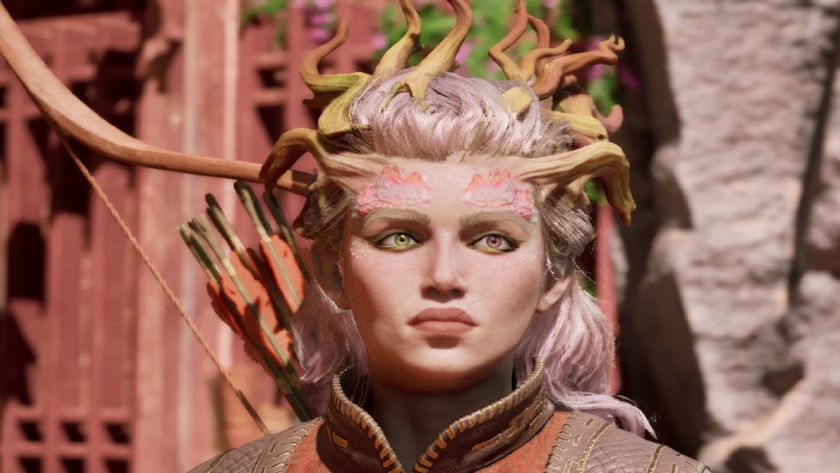 Avowed screenshot of the godlike envoy with branch-like antlers, pink hair, and mushroom decals framing her eyes. A bow is on her back.