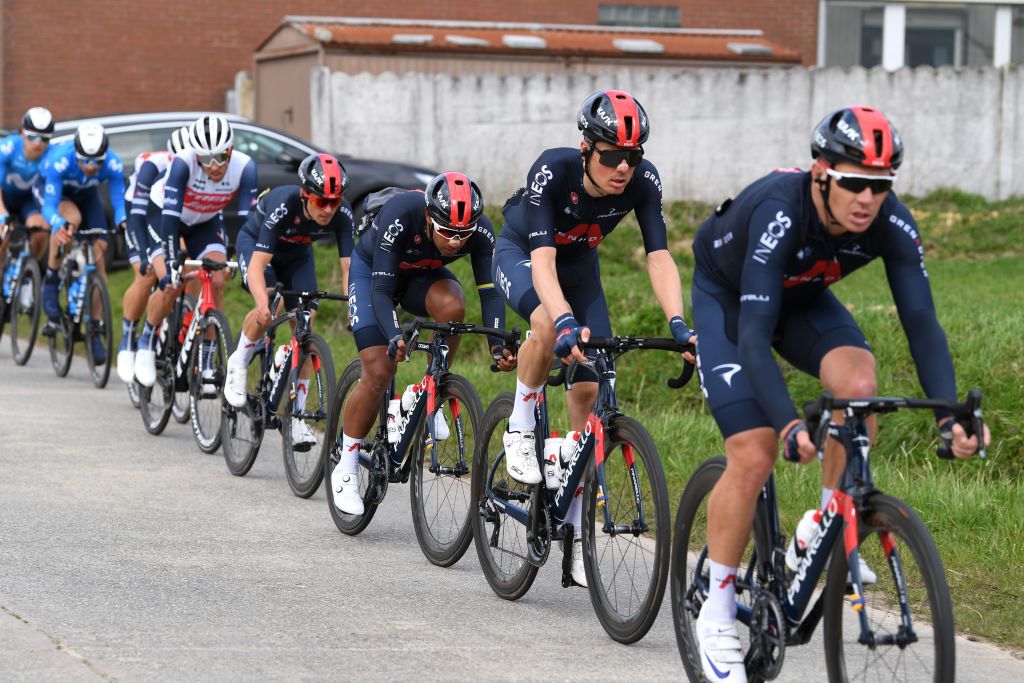 HARELBEKE BELGIUM MARCH 26 Jhonnatan Narvaez Prado of Ecuador Dylan Van Baarle of Netherlands and Team INEOS Grenadiers during the 64th E3 Saxo Bank Classic 2021 a 2039km race from Harelbeke to Harelbeke E3SaxobankClassic on March 26 2021 in Harelbeke Belgium Photo by Tim de WaeleGetty Images