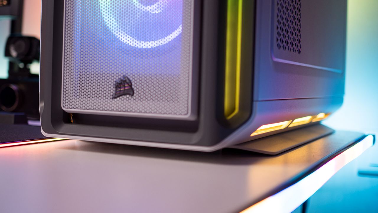 Bottom portion of Corsair iCUE 5000T RGB with RGB lighting
