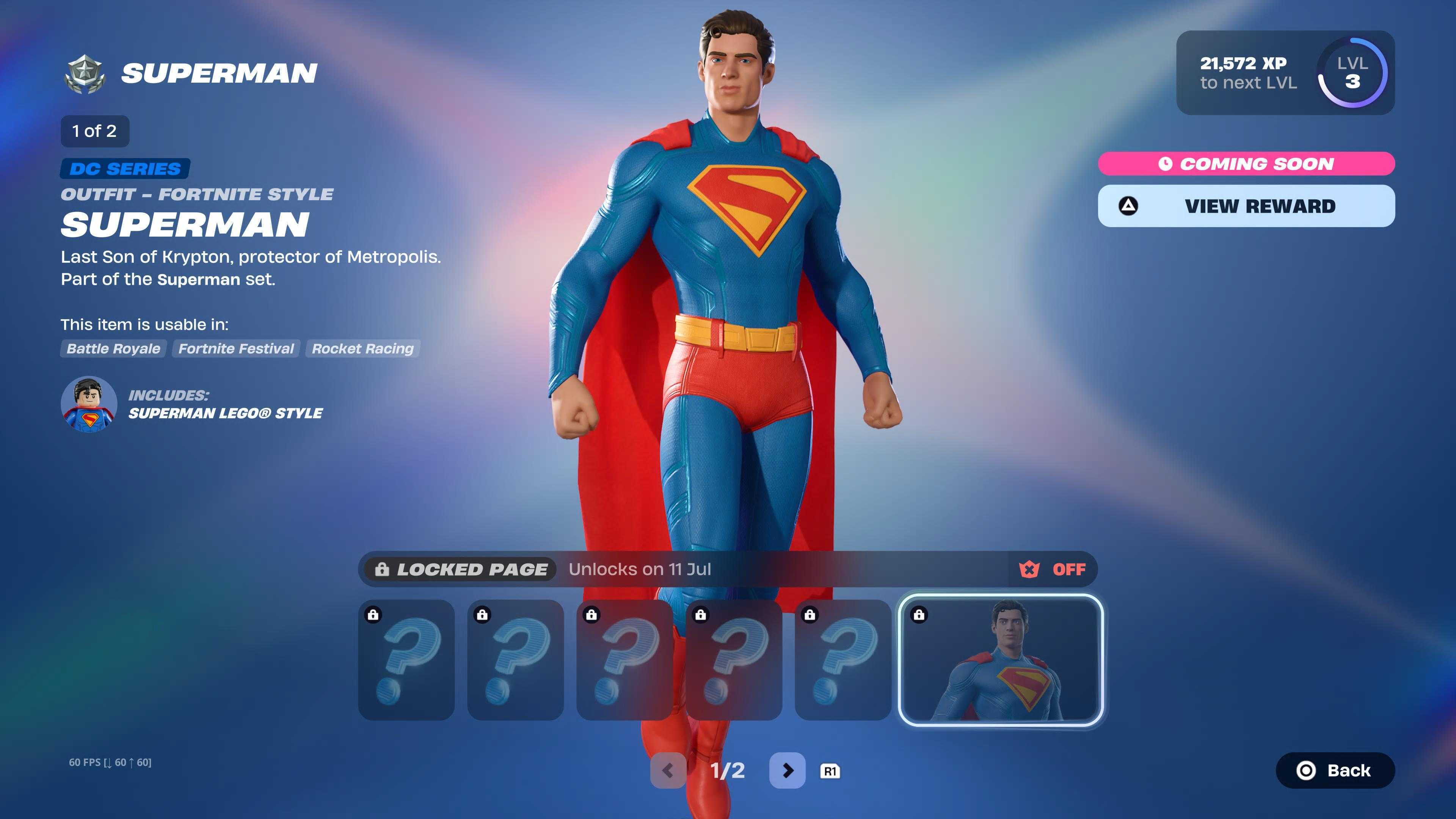 Superman in the Battle Pass menu of Fortnite Super