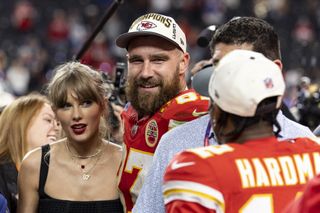 Travis Kelce and Taylor Swift following Super Bowl 58.