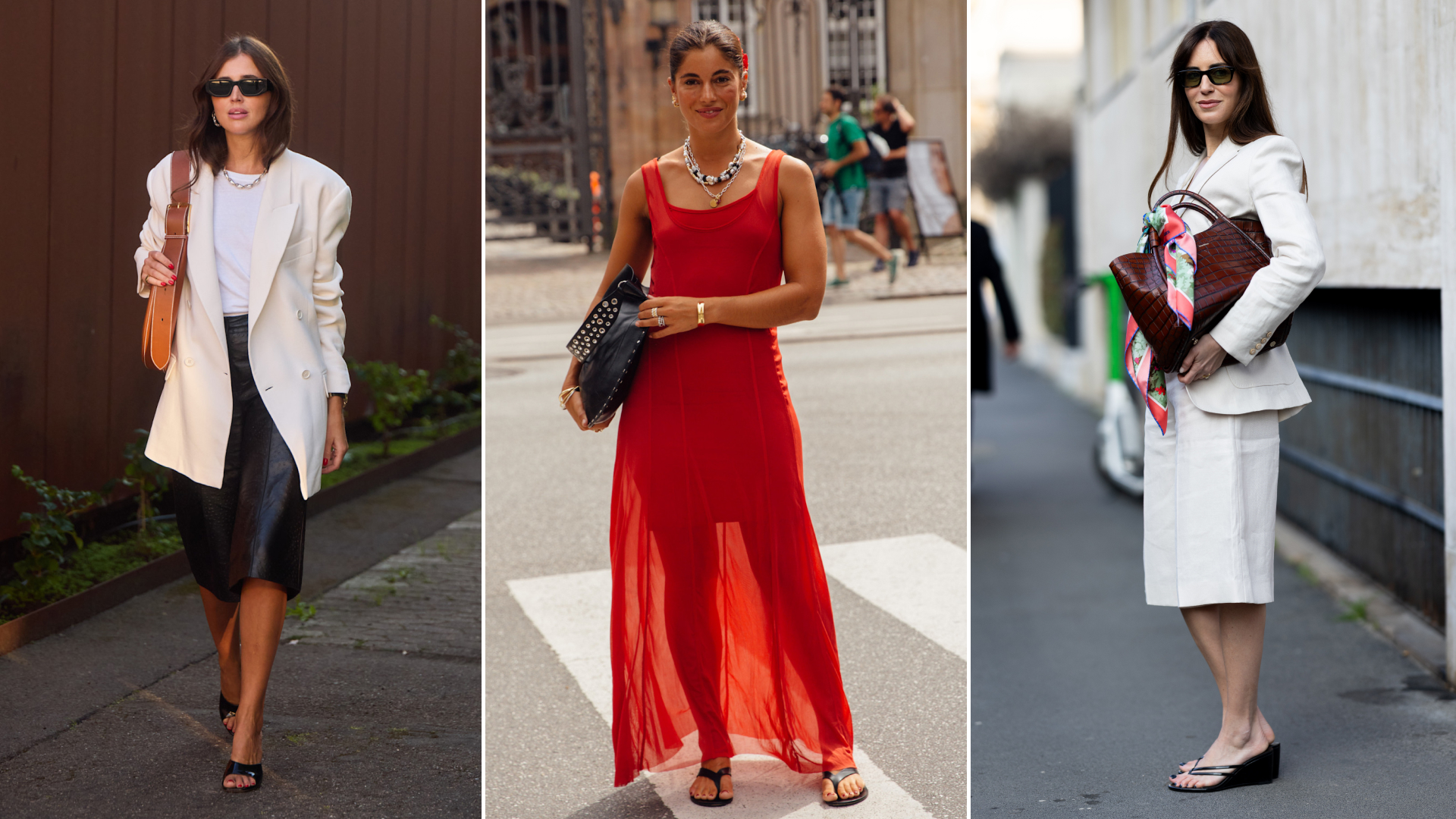 split image of fashion week attendees wearing sandals 