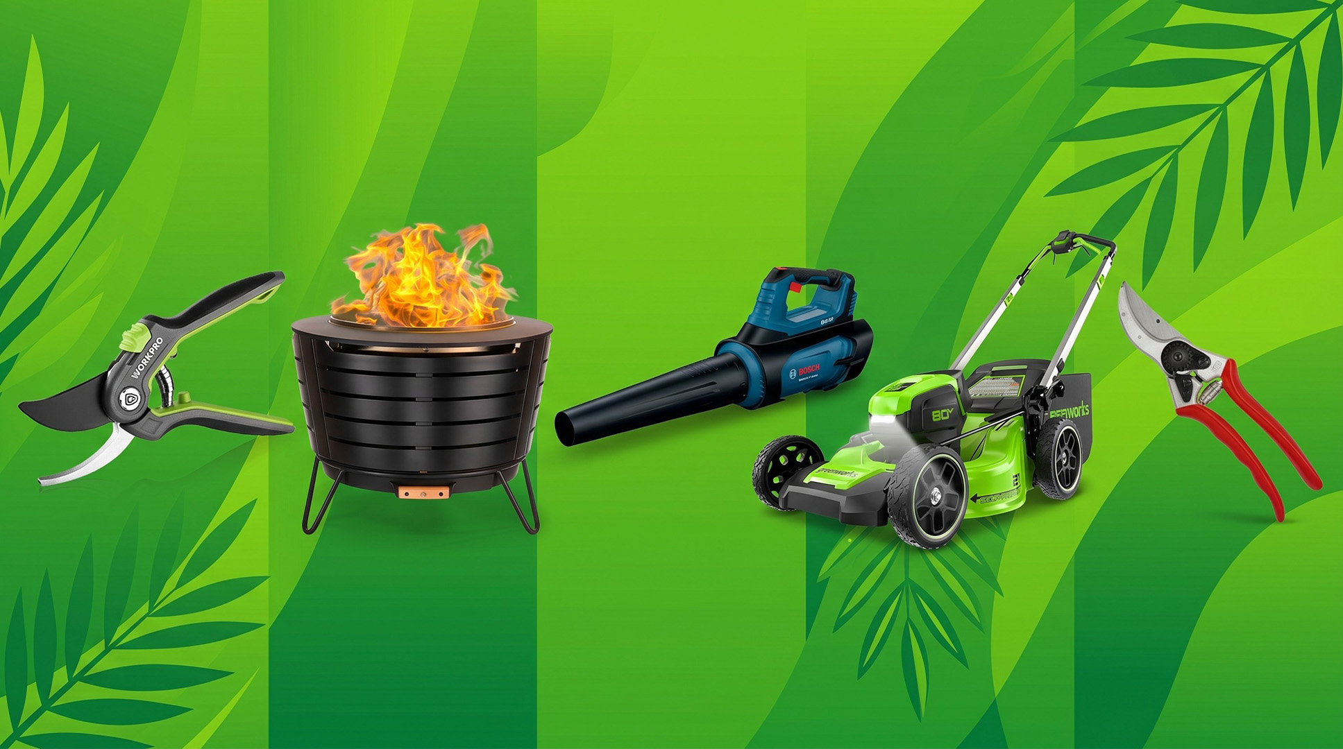 A selection of garden tools on a green, leafy background.
