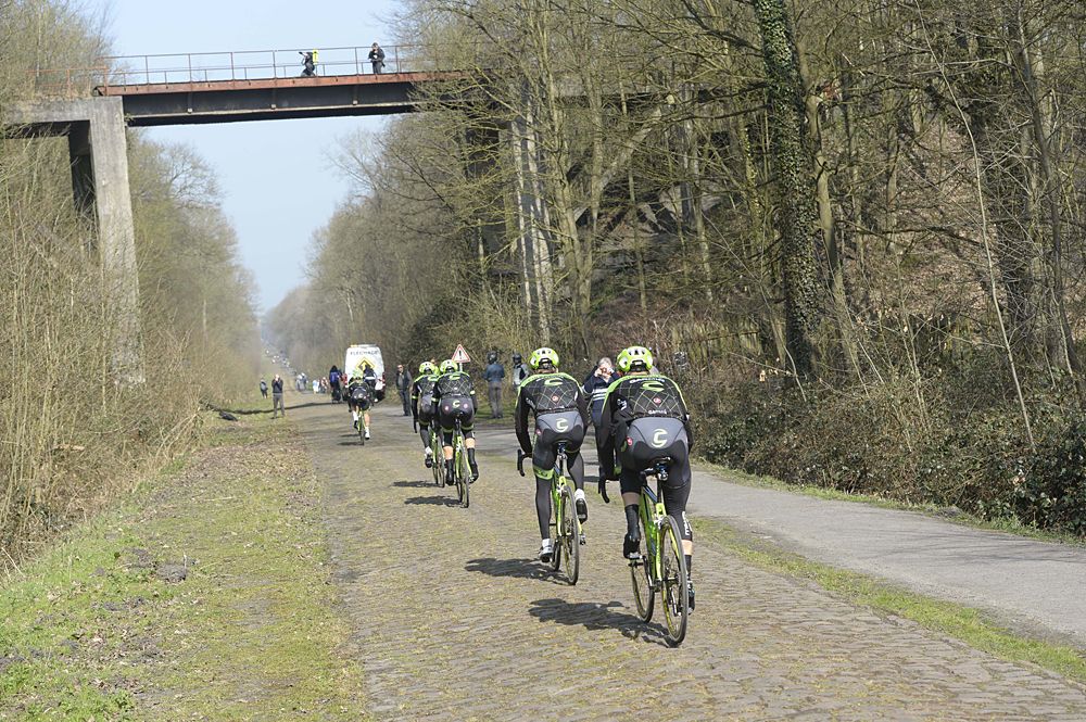 Cannondale-Garmin in the Arenberg Forest