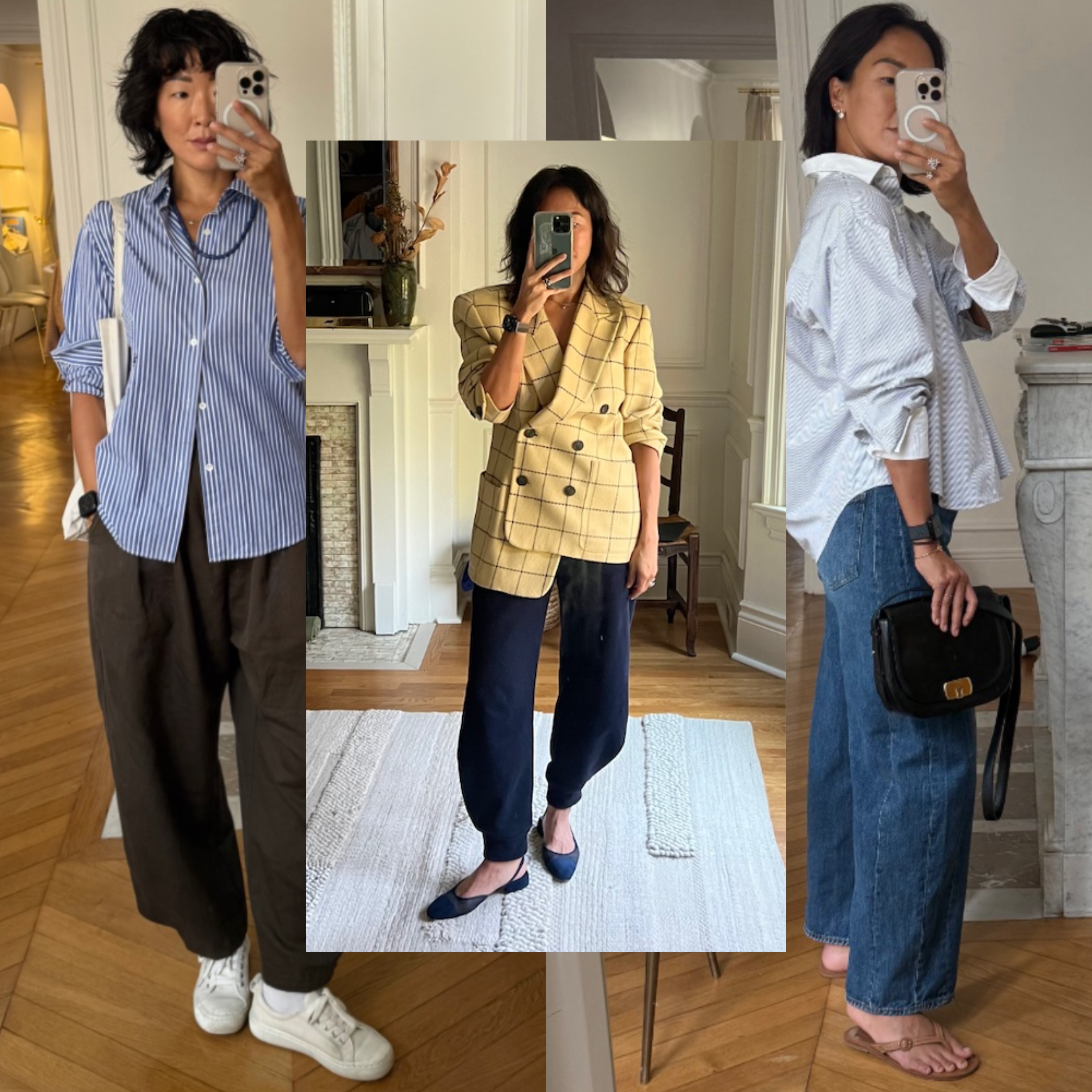 collage of Irene Kim wearing tibi Calders pants, Agolde Kelly jeans, Veronica Beard Ryders, Soeur pants, and leopard print harem pants