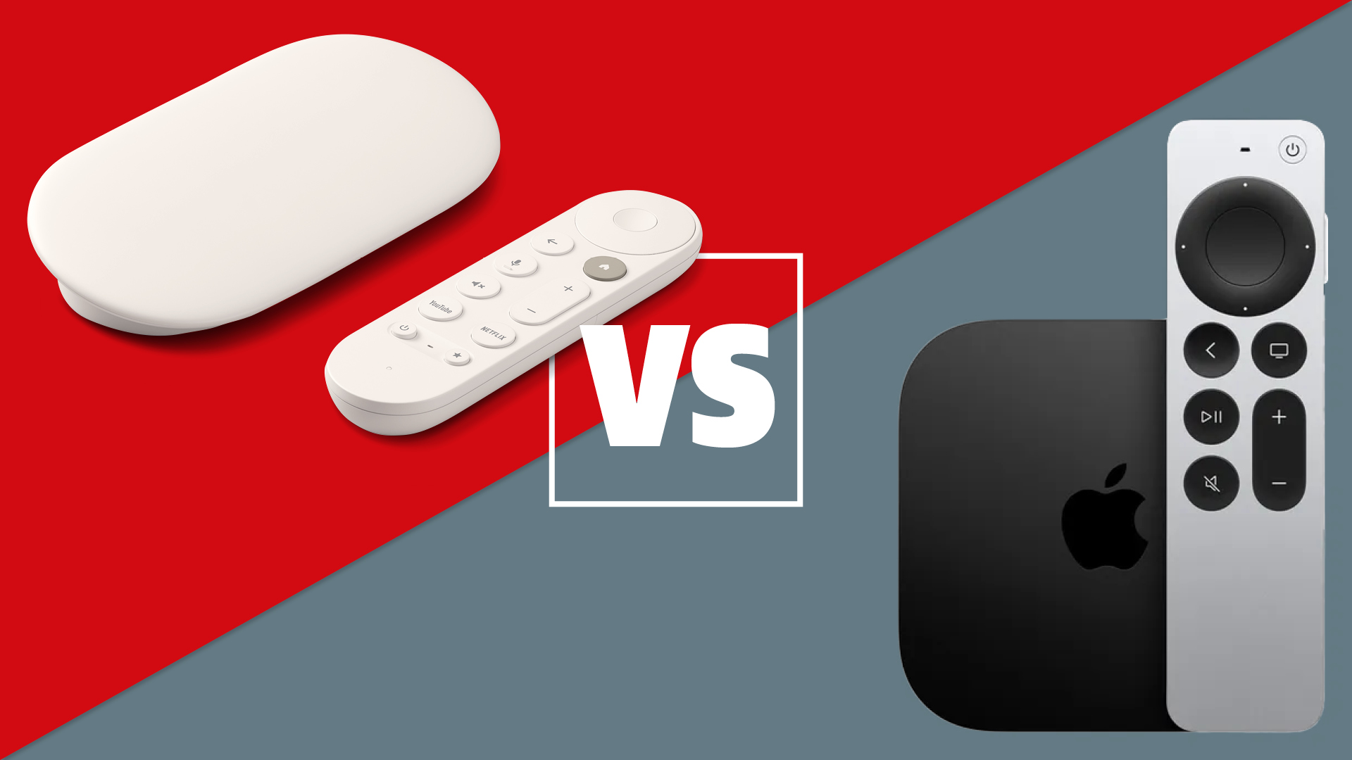 The Google TV Streamer and Apple TV 4K on a red and grey background with a white versus sign between them.