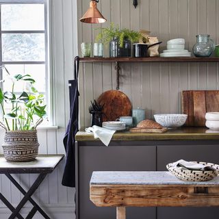 kitchen in cottage with open shelving