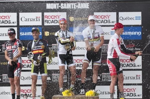 The elite men's podium in Mont-Sainte-Anne