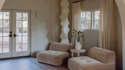 bedroom with white hanging paper lantern