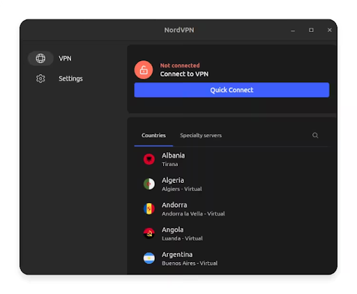 NordVPN on the Linux GUI app