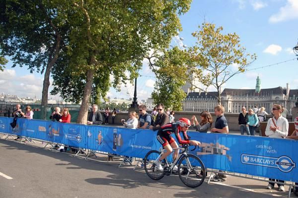 Tom Murray (Sigma Sport) is an early starter passing the London Eye.