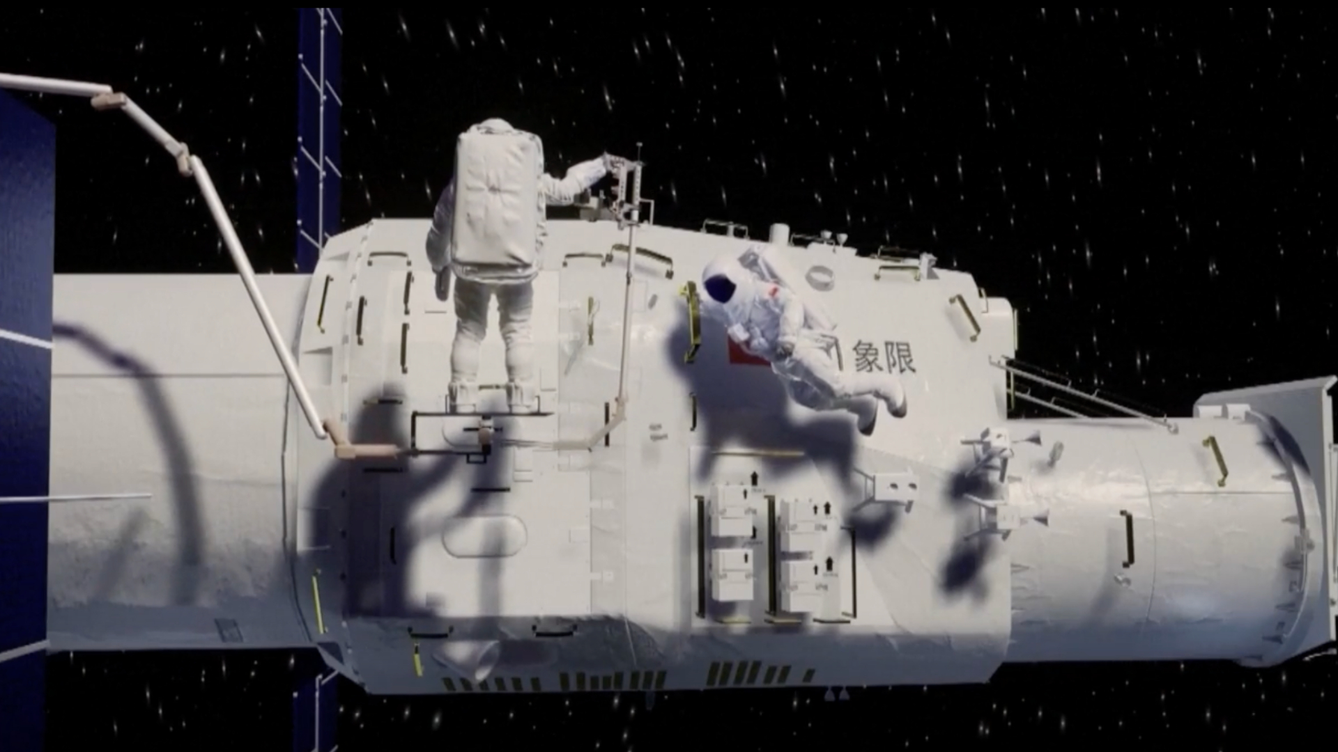 A large white spacecraft with an astronaut in a white spacesuit hanging off the side