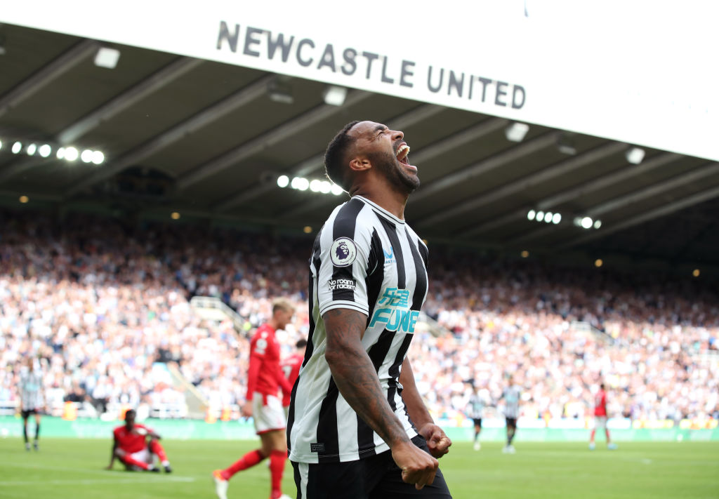Newcastle United's Callum Wilson celebrates scoring his team's second goal during the Premier League match between Newcastle United and Nottingham Forest at St.James Park on August 06, 2022 in Newcastle upon Tyne, England.