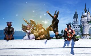 A group of Final Fantasy 14 characters emote on top of a roof.