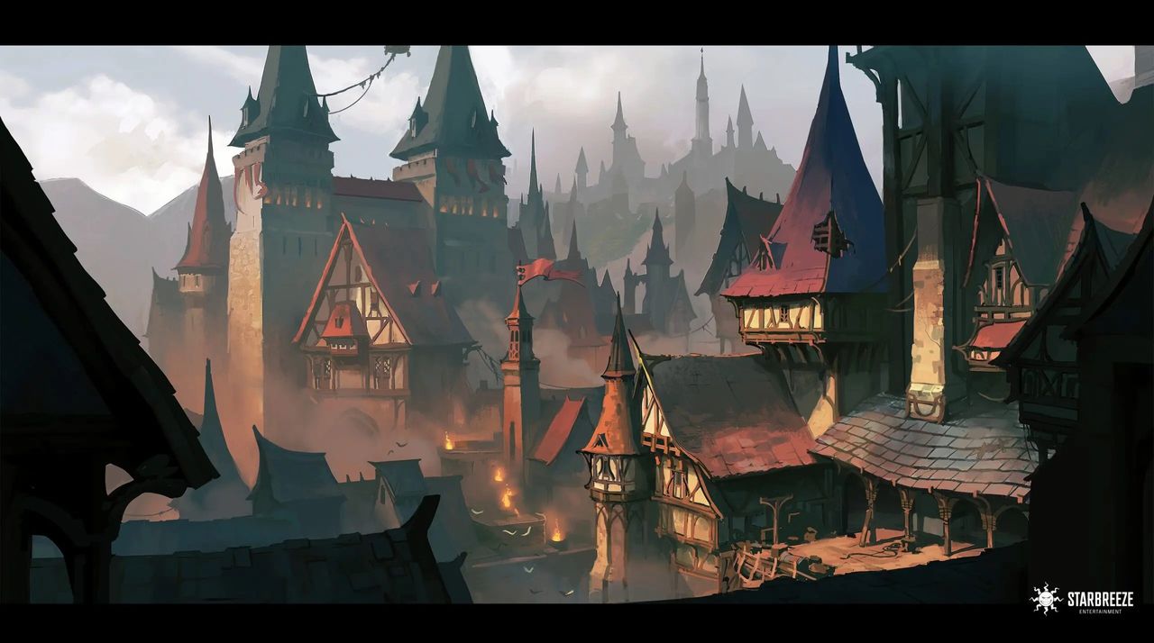 Project Baxter concept art - village rooftops in Starbreeze Studios' licensed Dungeons and Dragons game